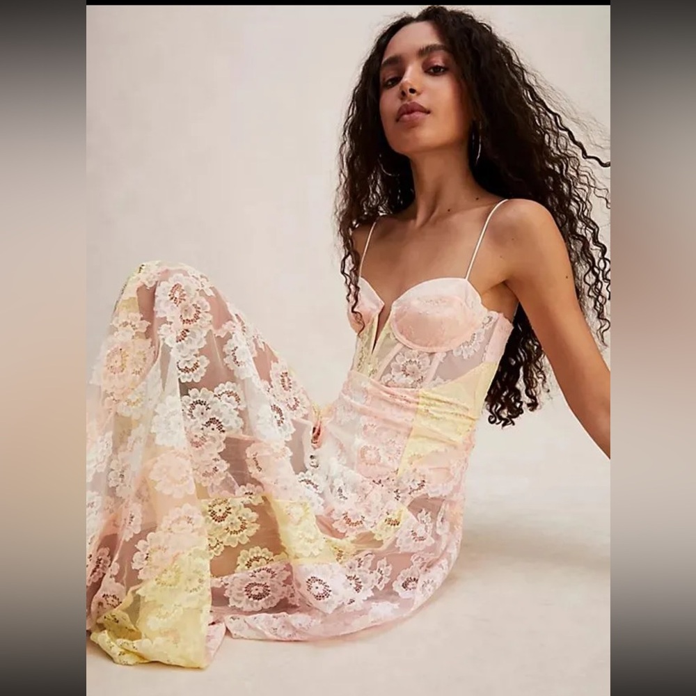 For Love & Lemons Sheer Lace Maxi Dress in Pink and Yellow - Picture 2 of 12